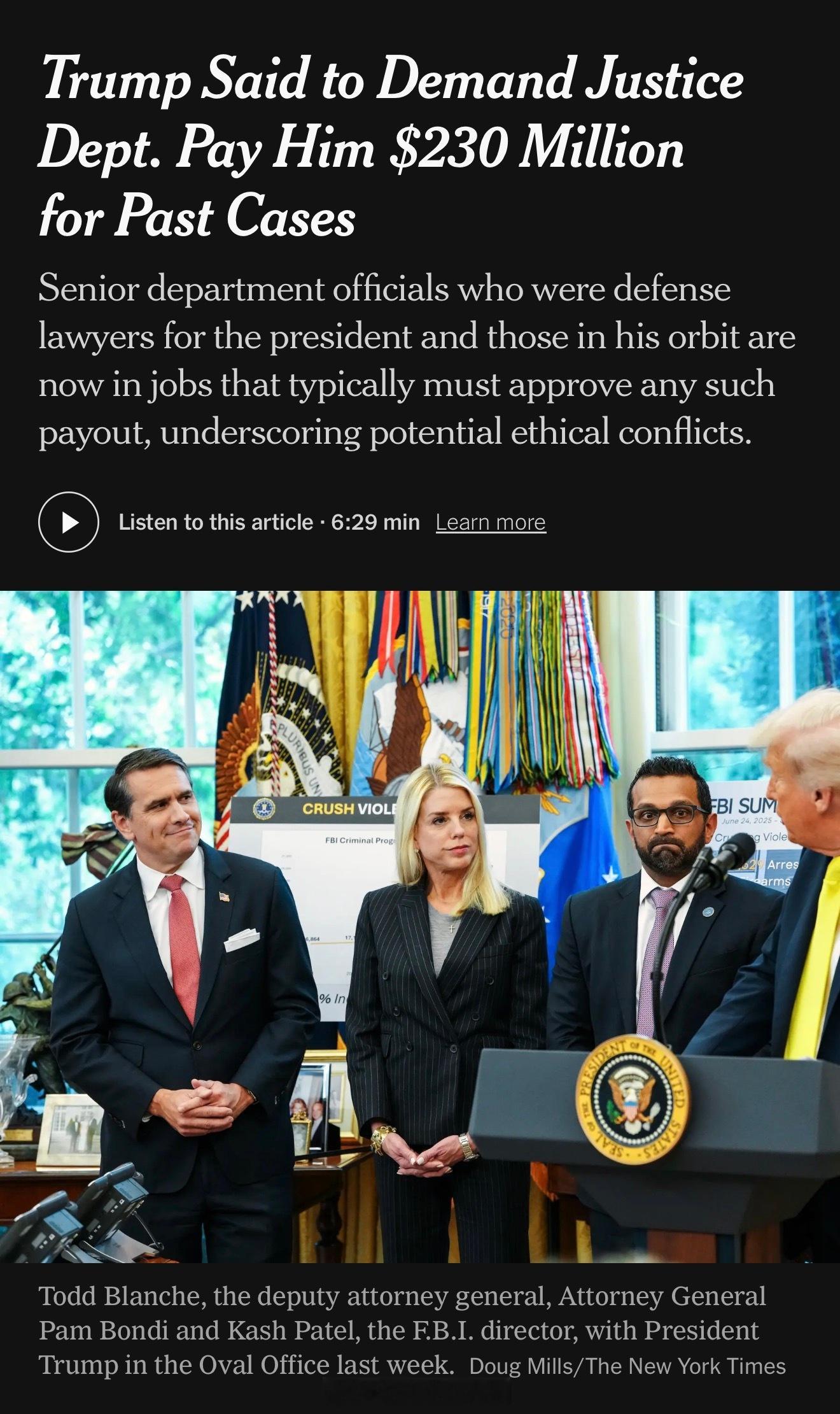 <纽约时报>：据知情人士透露，川普正要求司法部向他支付大约2.3亿美元的赔偿金，