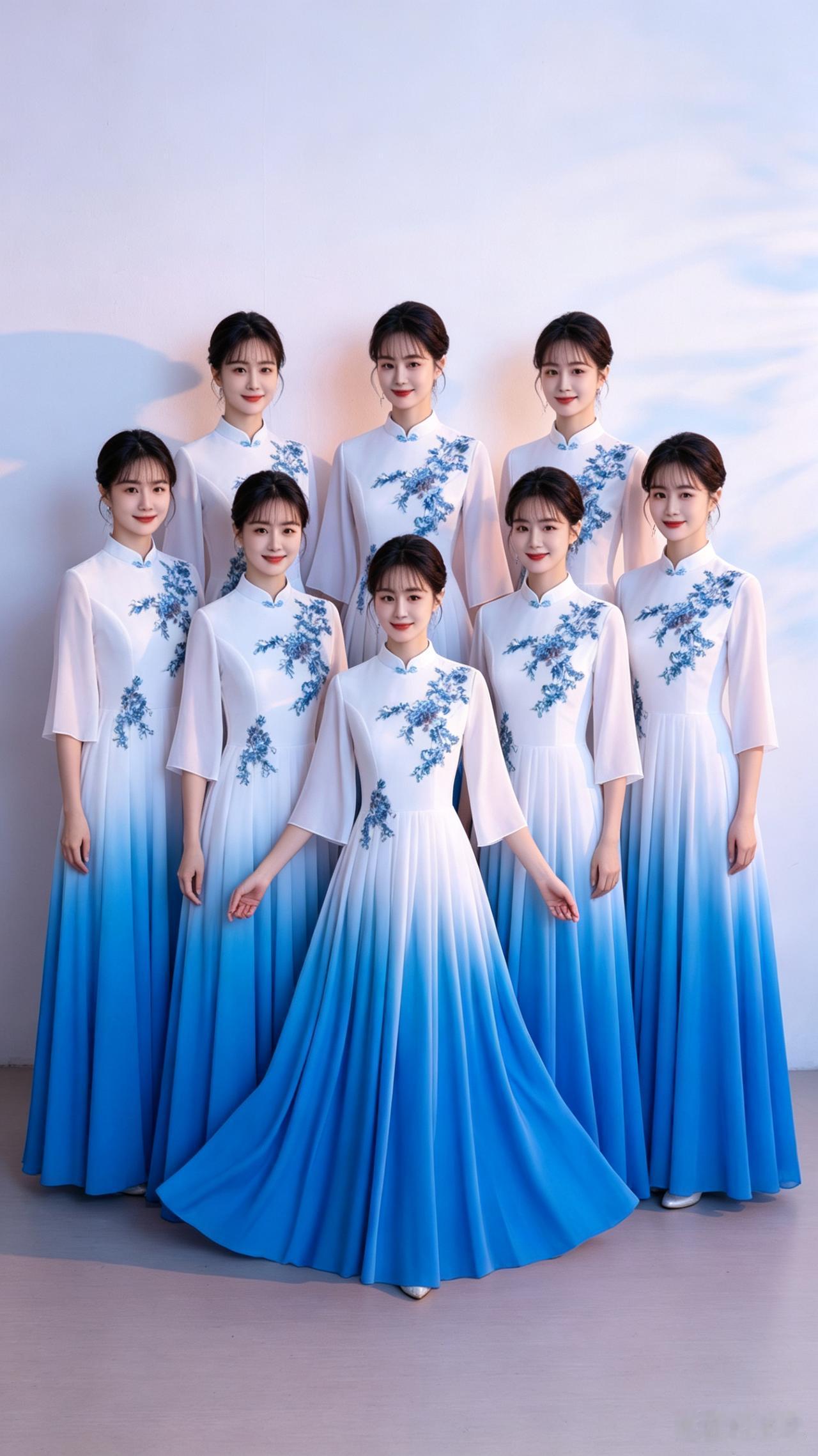 八人皆着此款裙
白蓝渐变悦人眼
立领绣花中式韵
长裙垂坠显质感
合唱登台列成排