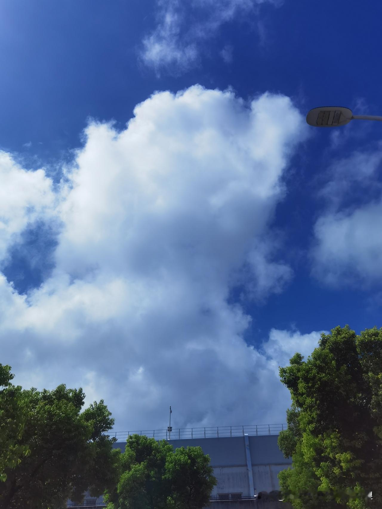 刚下过太阳雨的天空，此时还是一半晴空万里，蓝天白云，干净的让人心情愉悦，一半是乌