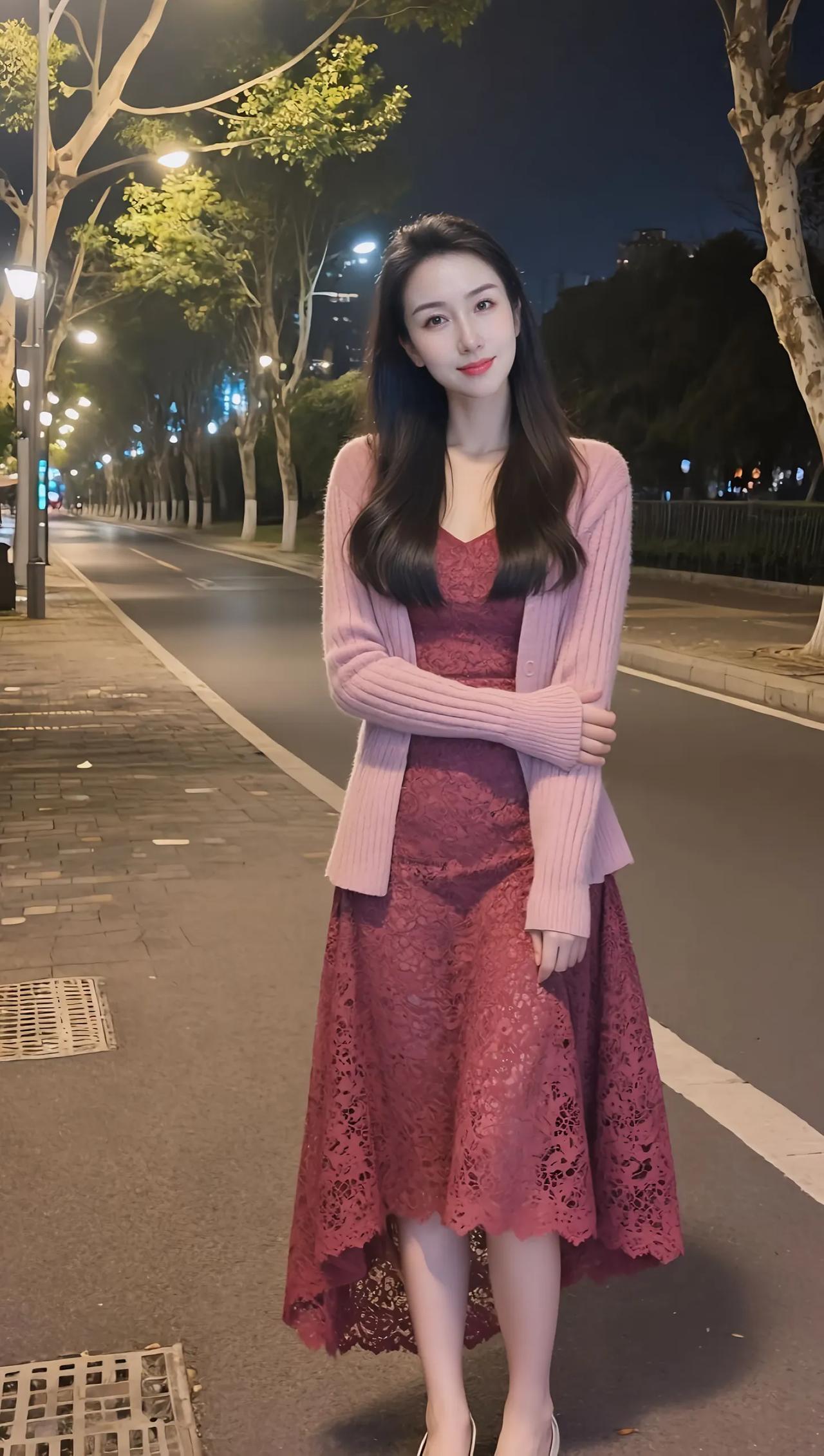 长发松松顺着肩线垂落，双臂轻叠在身前，一只手搭在另一侧臂弯，指尖轻抵着臂间。
唇