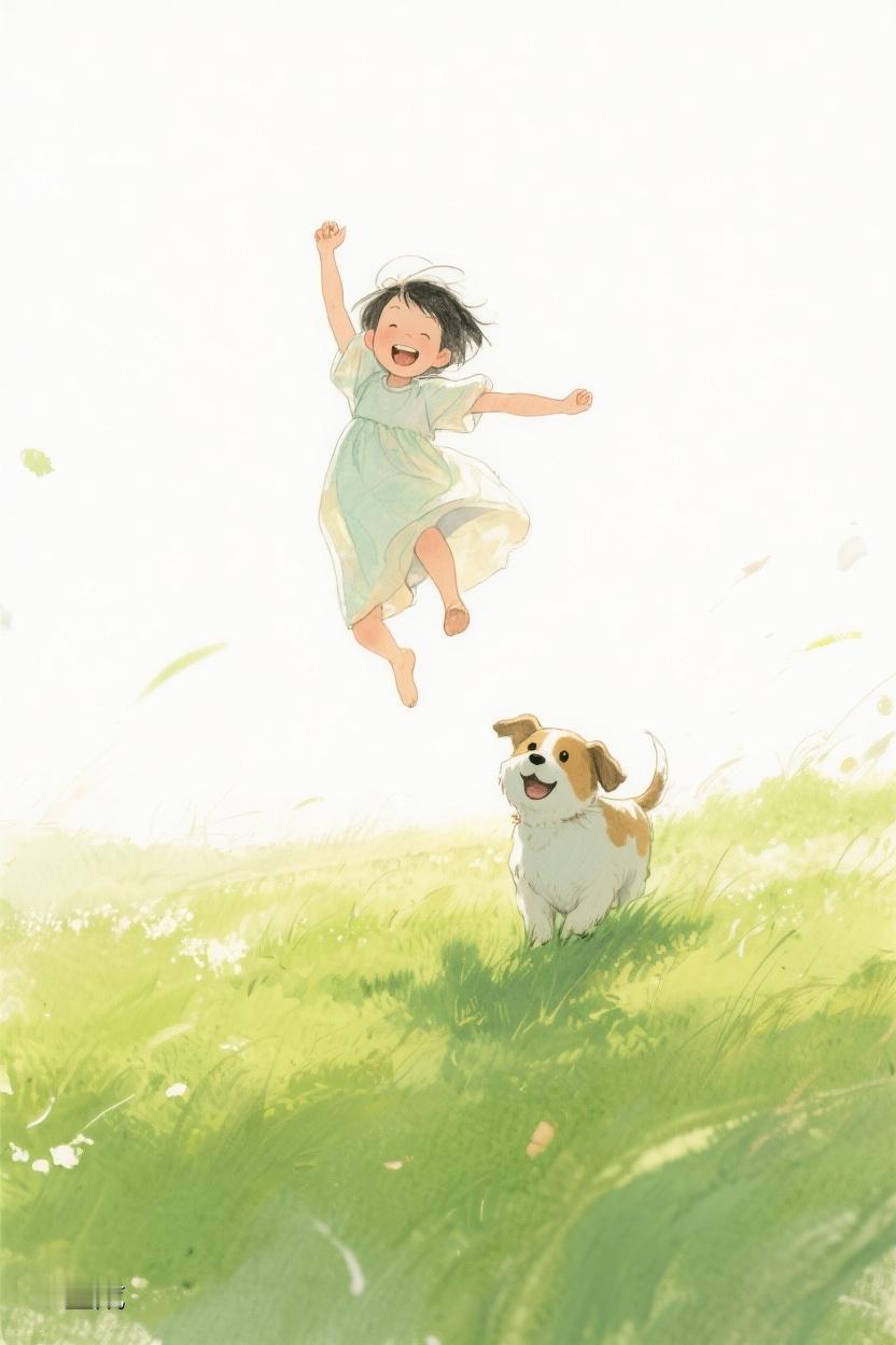 AI随心绘在这片绿意里，孩童与小狗共舞，每一跳都是对自由的追逐，亦是对生活的礼赞