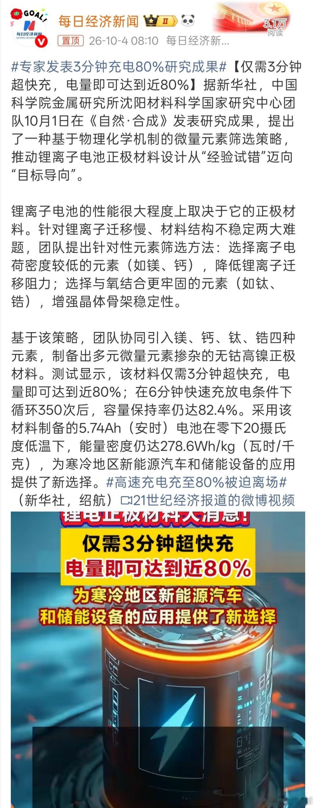 专家发表3分钟充电80%研究成果3分钟充到80%，这充电速度是真快。 ​​​