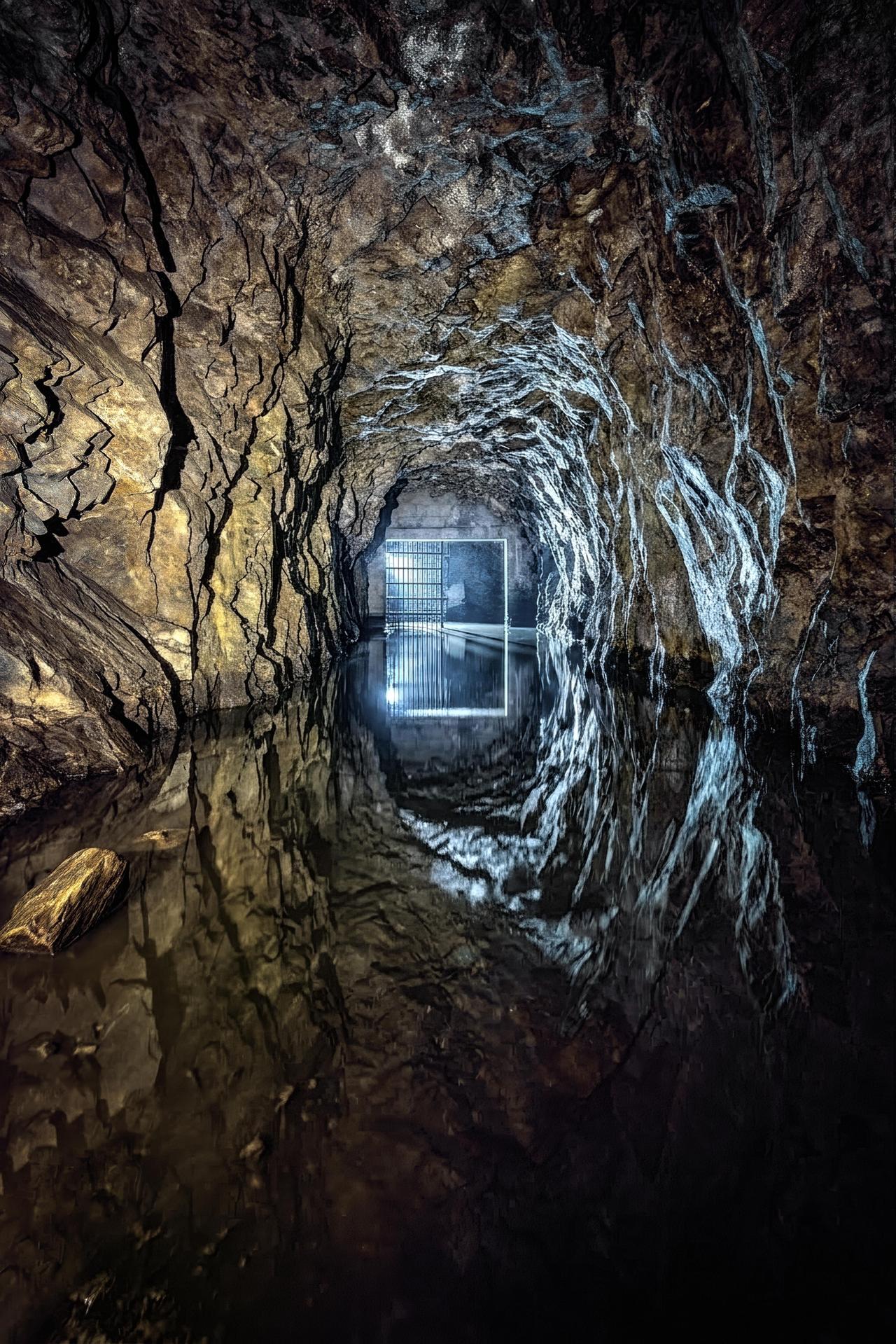 这是一处废弃的地下入口，位于岩石下方，黑色的水已缓慢淹没通道。墙壁渗水，裂缝诉说