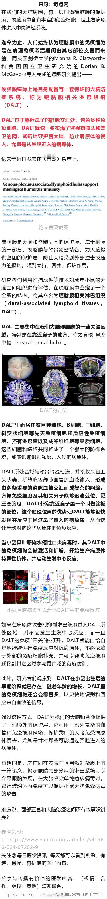 《自然》：鼻子后面藏着大脑的防御系统！科学家首次发现，硬脑膜配有一套特殊的大脑防