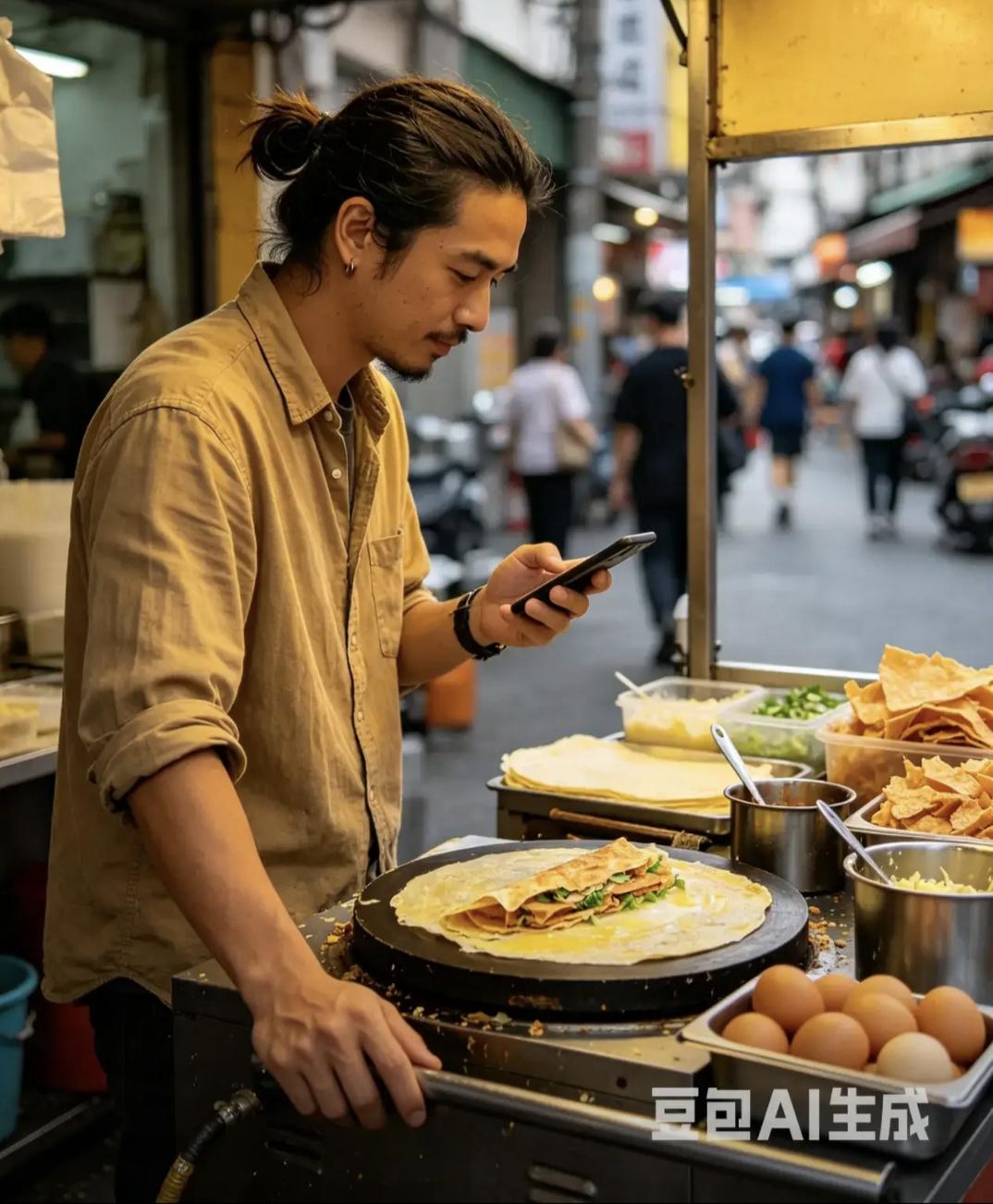一个年轻人，一边摊煎饼果子，一边利用一点空闲玩手机，也不洗手，还去拿食材，他是在