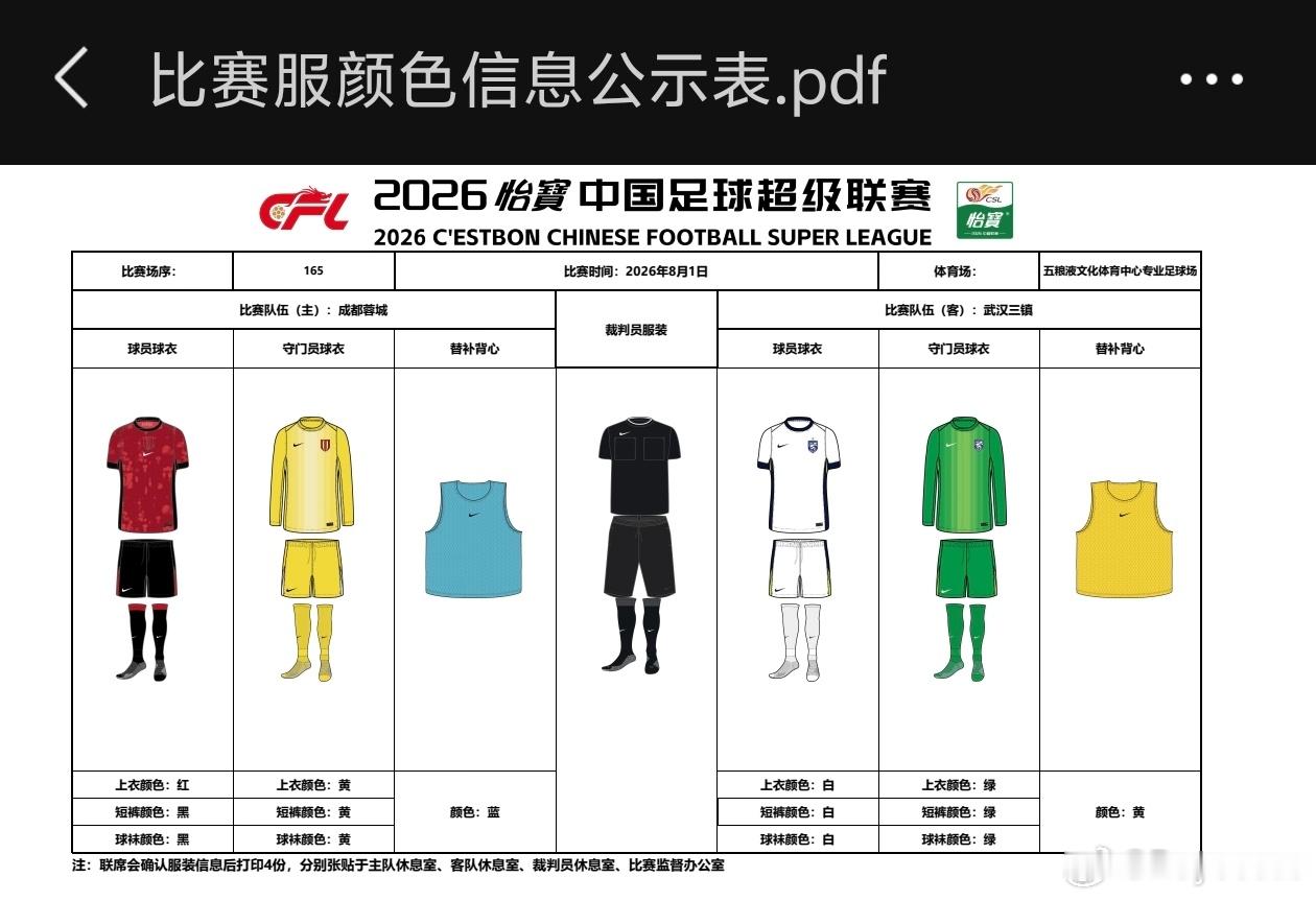成都蓉城中超联赛一起登场 【比赛服颜色公示】成都蓉城 v 武汉三镇 