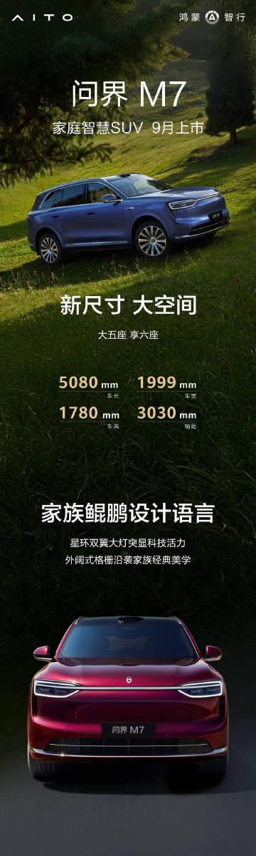 相比现款问界M7，新款问界M7的尺寸变化：车长：5020mm→5080mm，增加