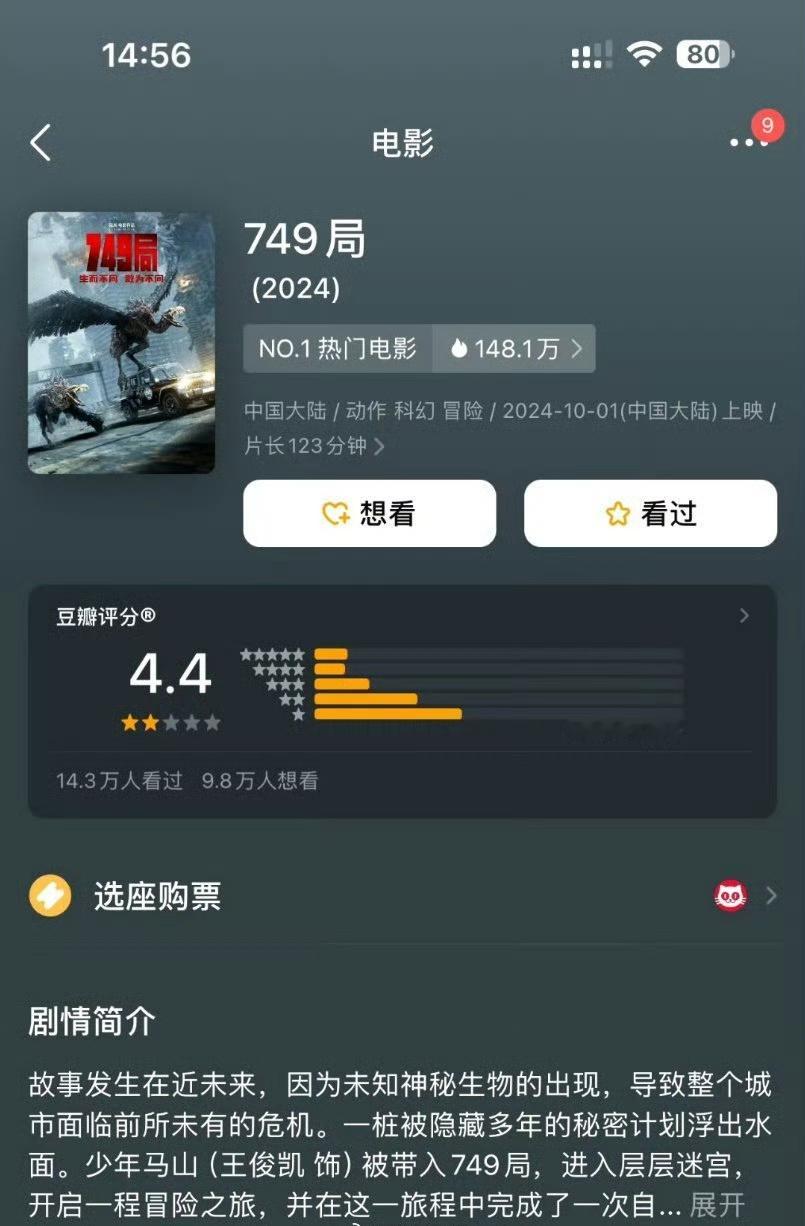 王俊凯的新电影果然是没有最低只有更低，749局的评分又创新低已经成4.4了 ​​