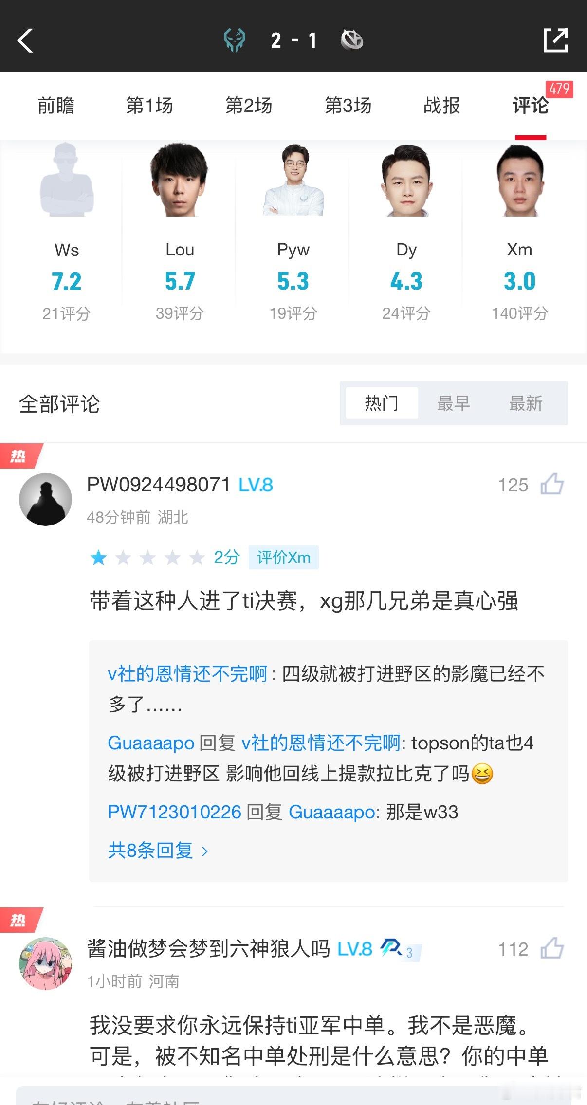 在VG输给Xctn后，表现不佳的毛哥最低分，WS最高分dota2 ​​​