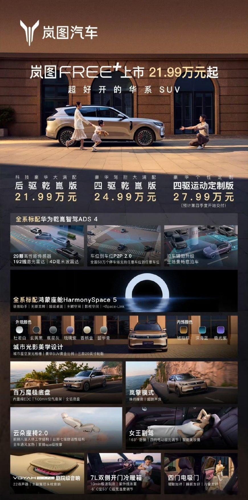 21.99~27.99万首款搭载华为乾崑ADS4的岚图free+上市15分钟大定