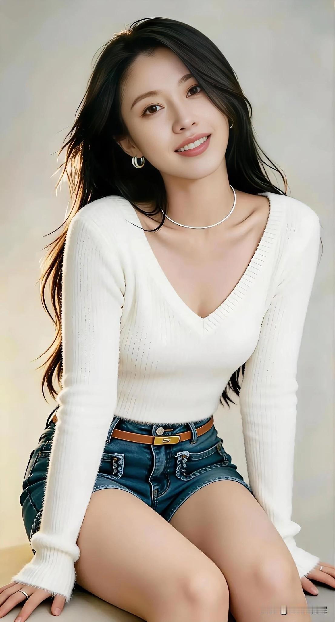 白衫胜雪，她坐成春日的诗。

V领盛着柔光，针织裹住温婉。

牛仔短裤裁出活力，