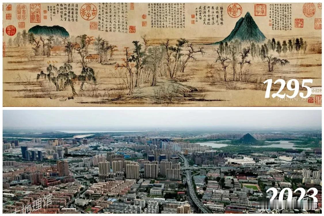 相隔728年，一幅古画和一张现代照片上的风景发生了变化，地点是中国北部的山东省济