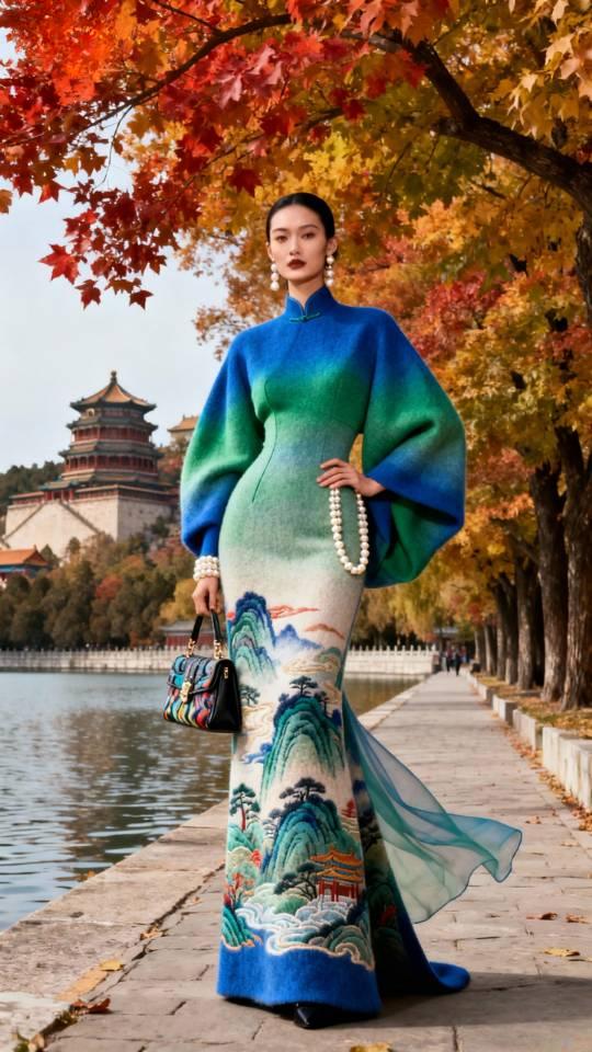 模特展示千里江山图毛线针织衣裙系列。毛线裙 模特 连衣裙 毛线衣裙