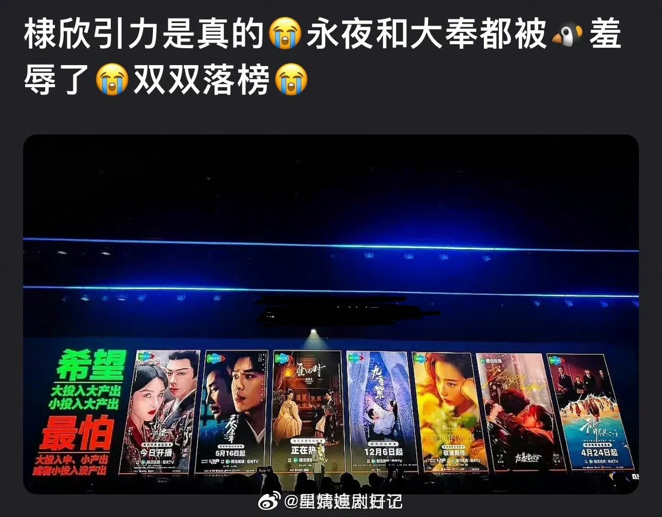 虞书欣的永夜和王鹤棣的大奉双双落榜都被🐧羞辱了，是不是营销费太多了，高投入，性