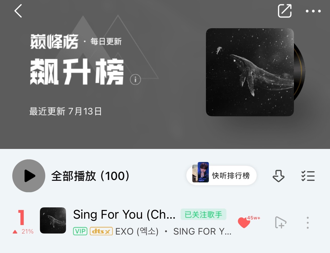Sing For You勇夺飙升榜第一，这首真的很喜欢中文版exo