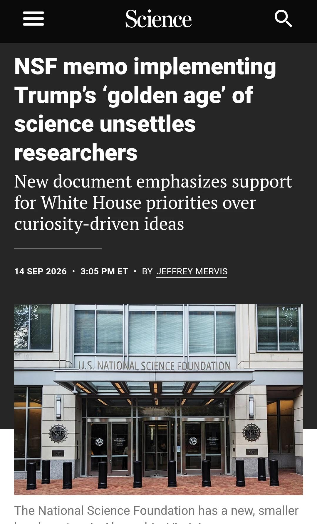 Science发文: NSF“已死”
“美国国家科学基金会（NSF）发布了一份长