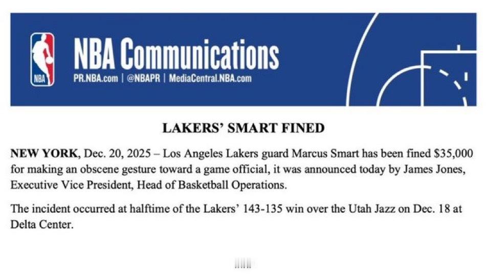 马库斯-斯马特因在周四湖人对阵爵士的比赛中“向裁判做出不雅手势”，被NBA处以3