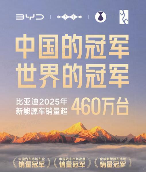 2025年销量榜公布，比亚迪再次刷新纪录全年超460万辆，包揽中国车企、品牌双冠