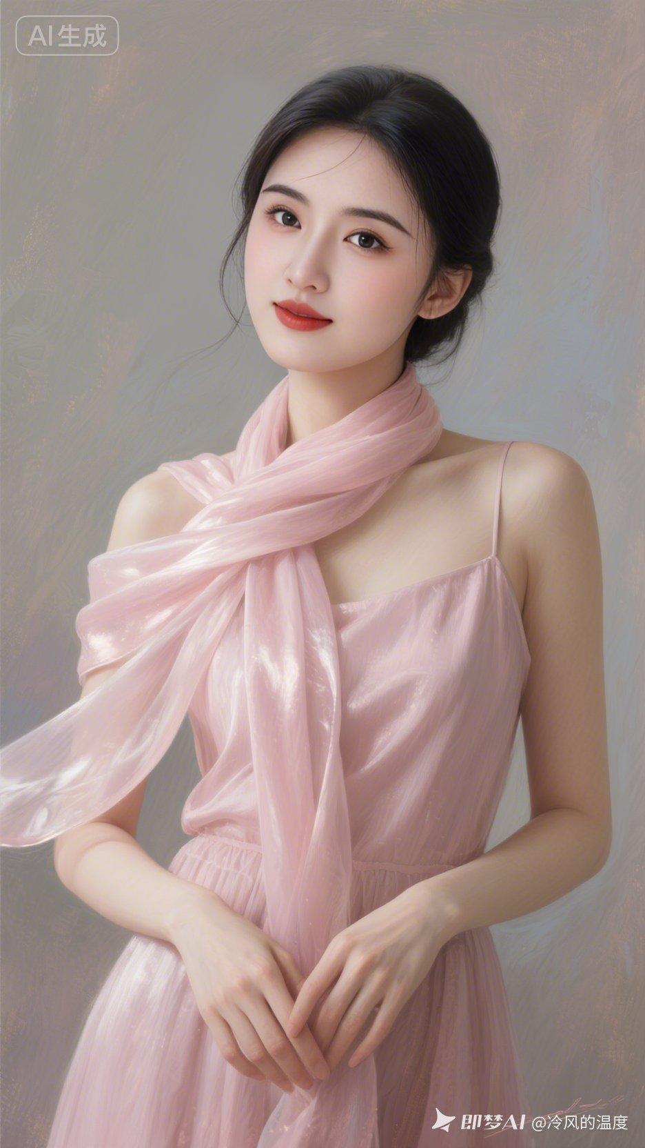 美女着浅粉色丝巾与同系服饰，通体柔光温润，五官妆容精致细腻。双手纤巧，饱和度适中