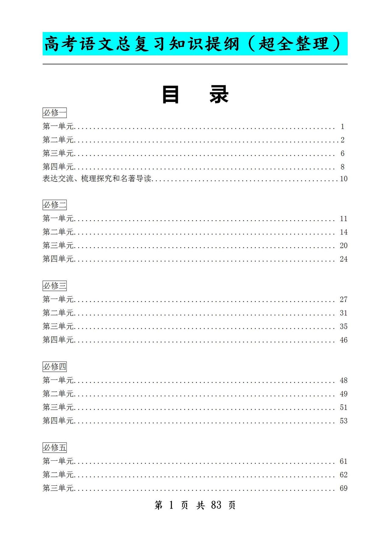 高考倒计时90天！这套语文总复习知识提纲（超详）！打印冲刺满分
word版的获取
