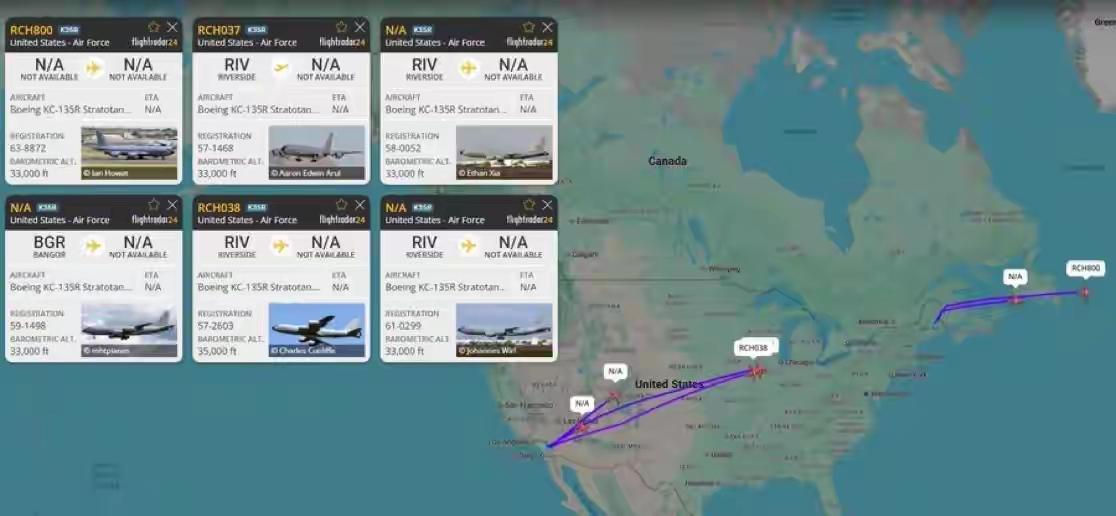 今天下午，美国空军的多架 KC-135R“同温层加油机”从加利福尼亚州和缅因州的