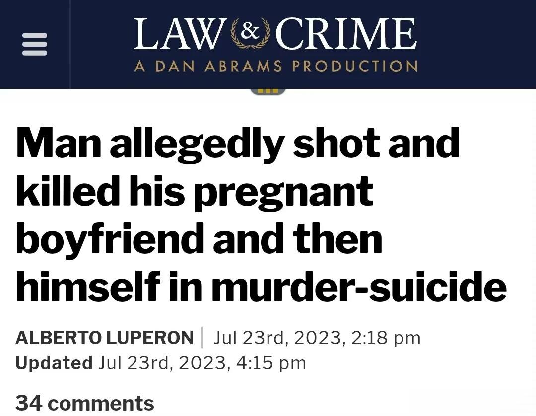 美国一名男子涉嫌开了几枪打死怀孕的男友，然后自杀。母亲说两人彼此相爱但关系很不稳