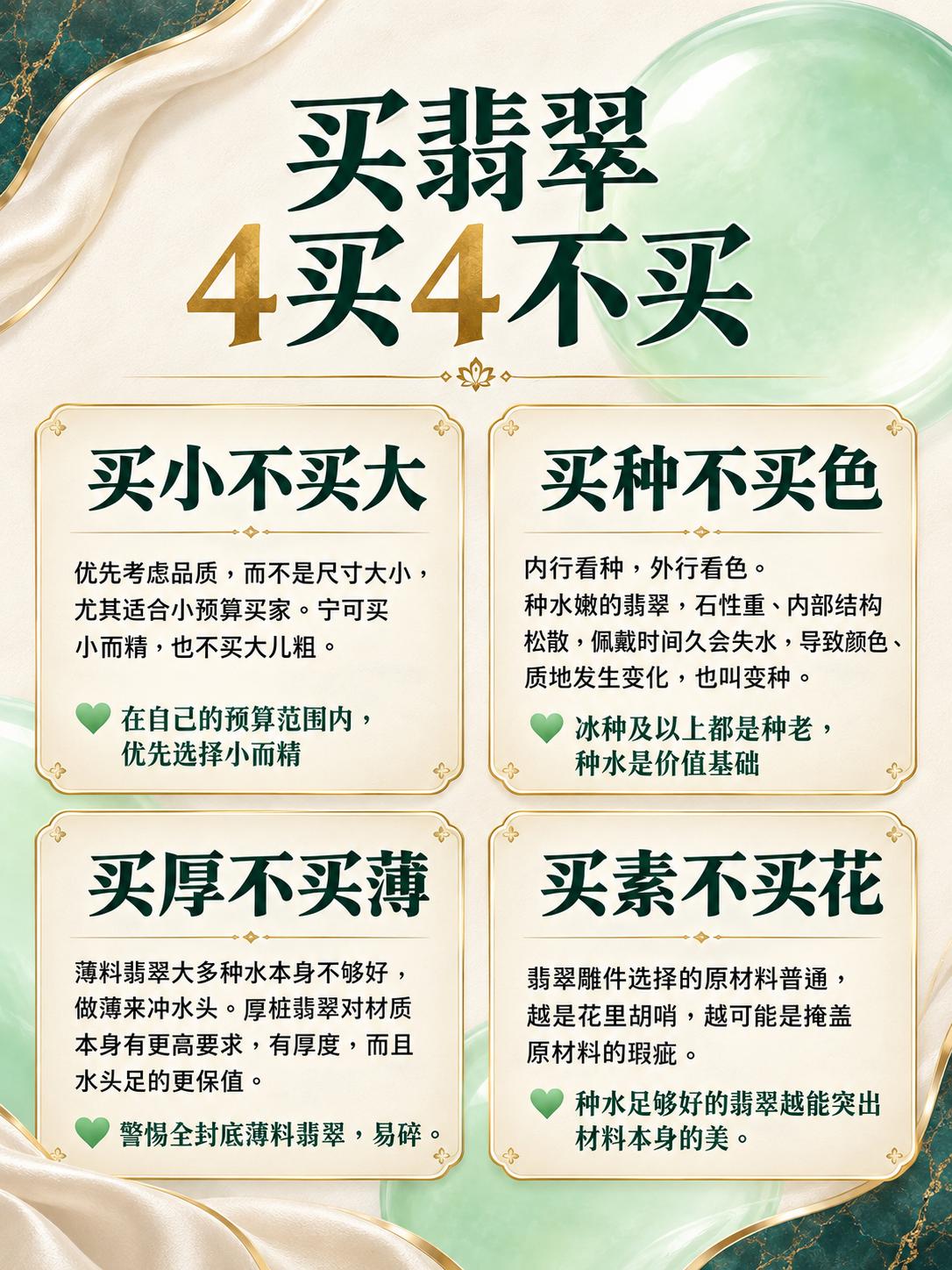 买翡翠！记住4买4不买，新手避坑干货请收好。

1.买小不买大
预算有限就先冲品