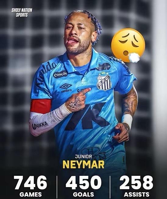 内马尔职业生涯总进球数现已达到 450 粒！450 粒进球258 次助攻31 座