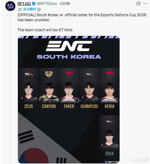 韩国ENC名单正式公布，阵容与亚运会完全一致：Zeus、Canyon、Faker