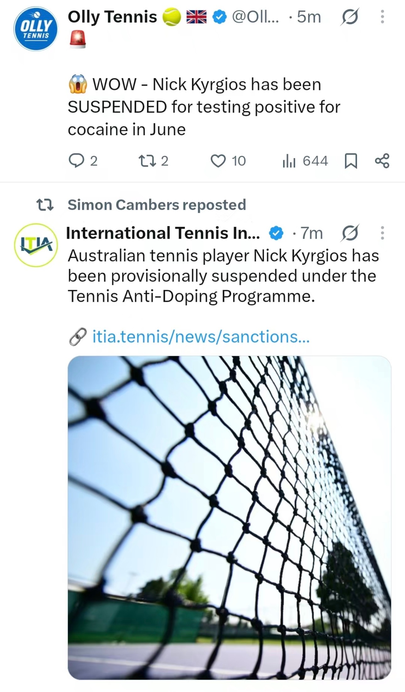 克耶高斯因可卡因检测阳性被禁赛。他尚未提出上诉。可以说以他长久以来的生活作风，这