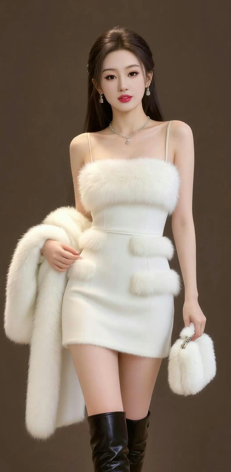 这位女士穿着超时髦的白色皮草裙。