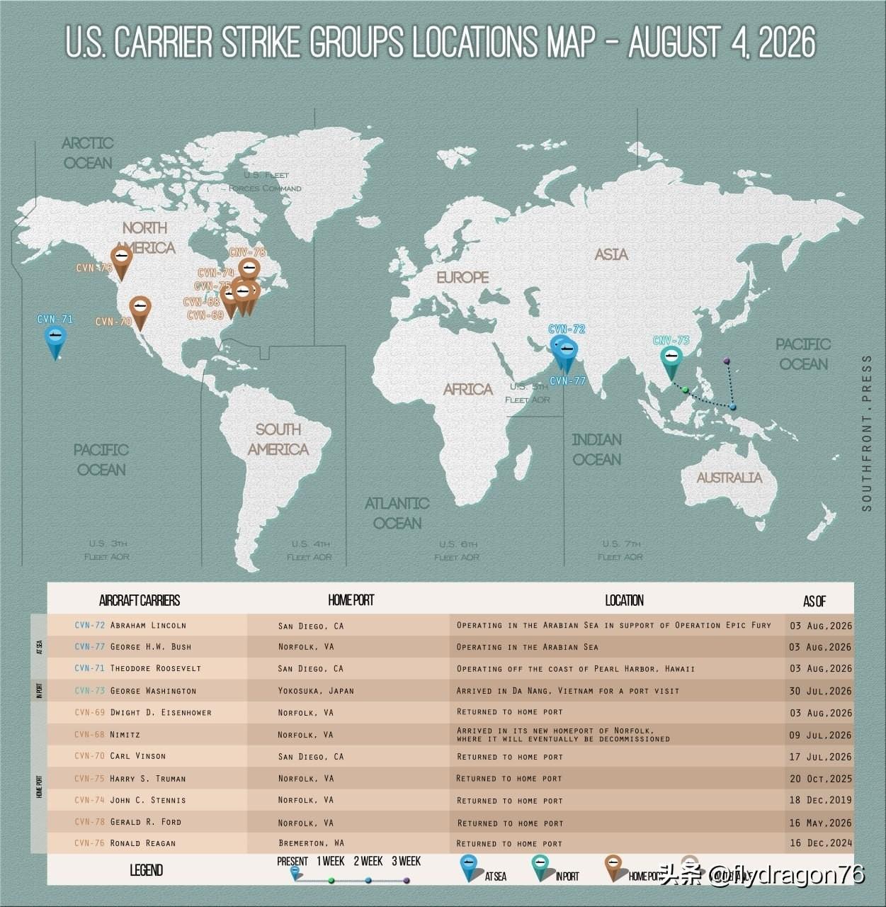 🇺🇸 美国海军航母打击群当前部署位置：

CVN-72 和 CVN-77 航