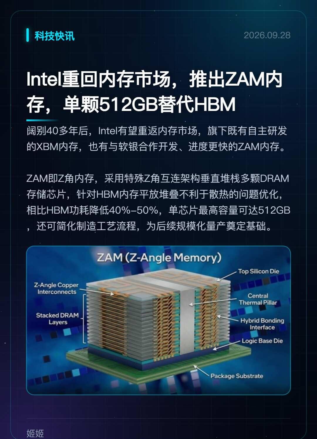 Intel重回内存市场，全新ZAM内存替代HBM
阔别40多年后，Intel有望