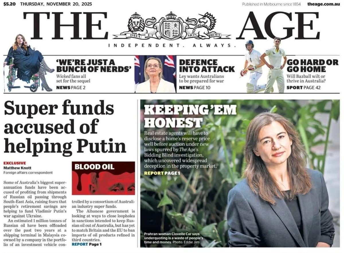 《悉尼先驱晨报》头版报道称，澳大利亚一些规模最大的养老基金被指控从途经东南亚的俄