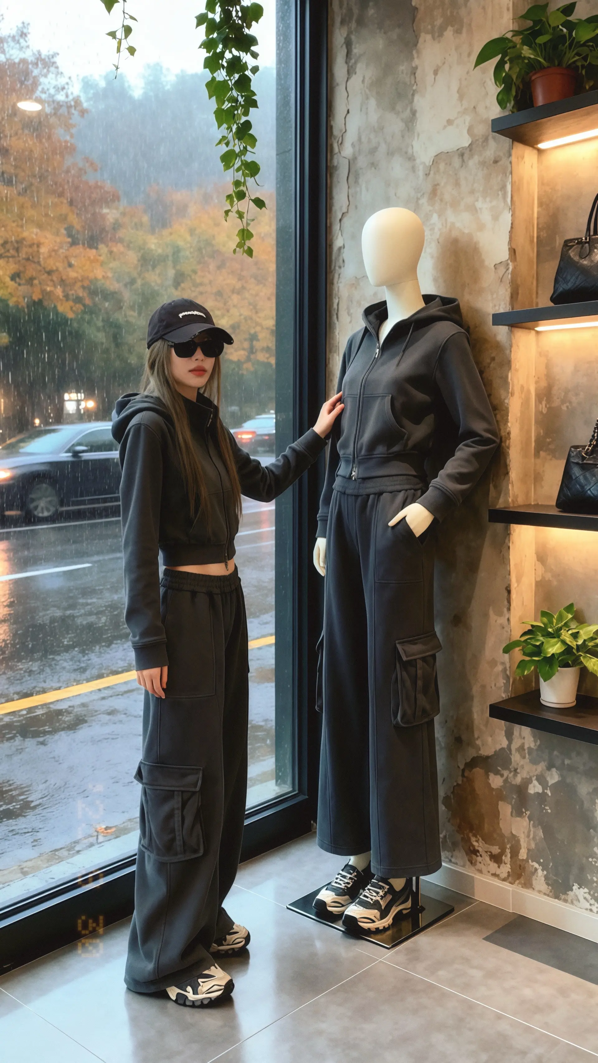 复古店内的高级运动风 她身着高级感时尚运动工装两件套，在一家复古风女装...