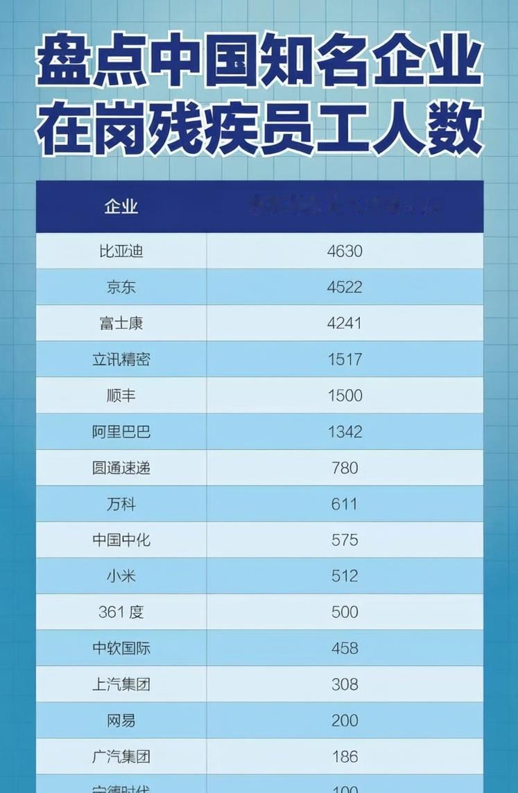 今天是国际残疾人日，扒一下数据，发现比亚迪在岗残疾人员工是最多的，比京东还得多！
