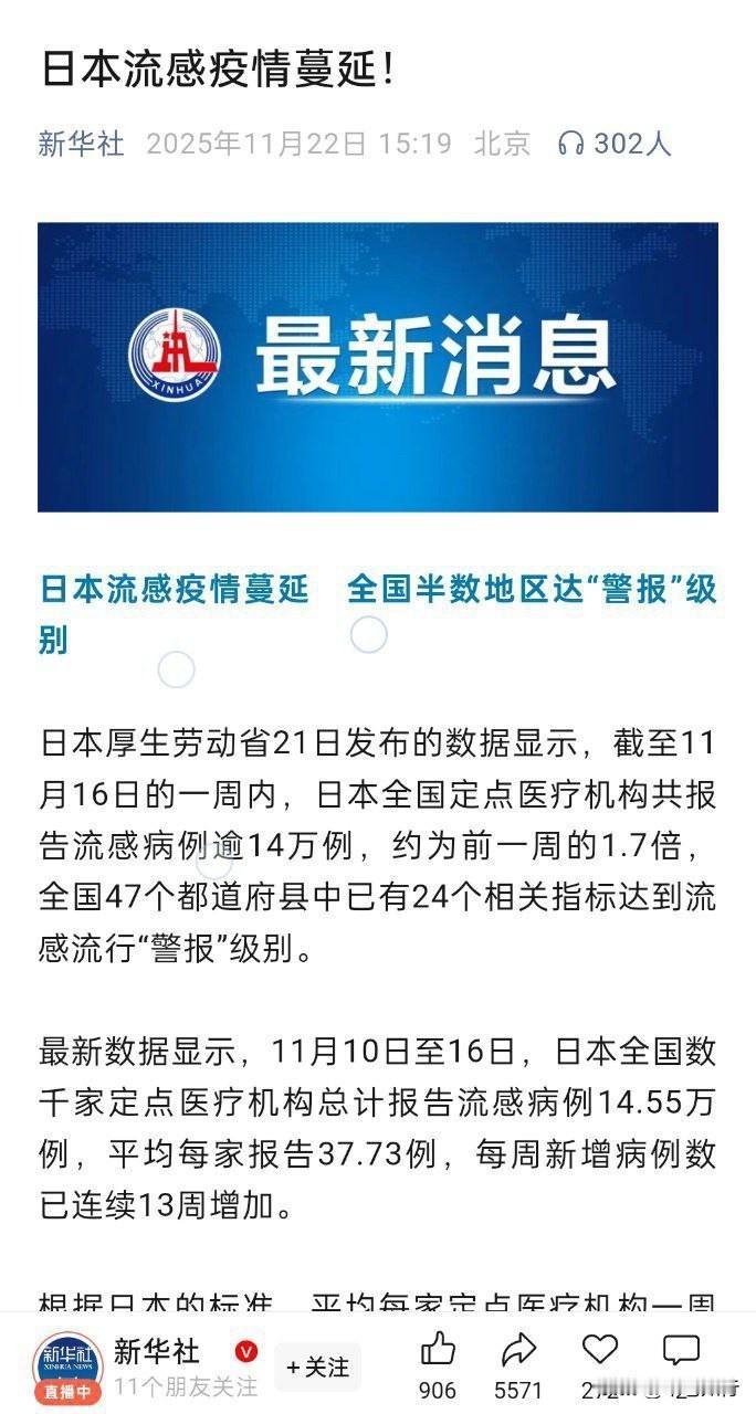 日本流感连涨13周，14万病例不是一个简单的数字，这是日本民众正在为高市早苗的“
