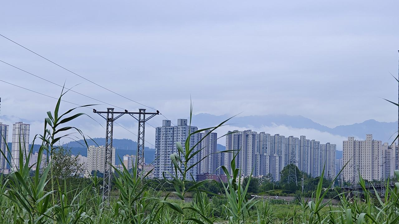 站在渭河边远眺秦岭——早上的秦岭山藏在渭河岸边的建筑物后面，被白云环绕着若隐若现