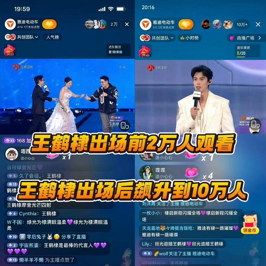 王鹤棣 今晚雅迪直播超10w人观看！人气好高🔥 王鹤棣直播人气
