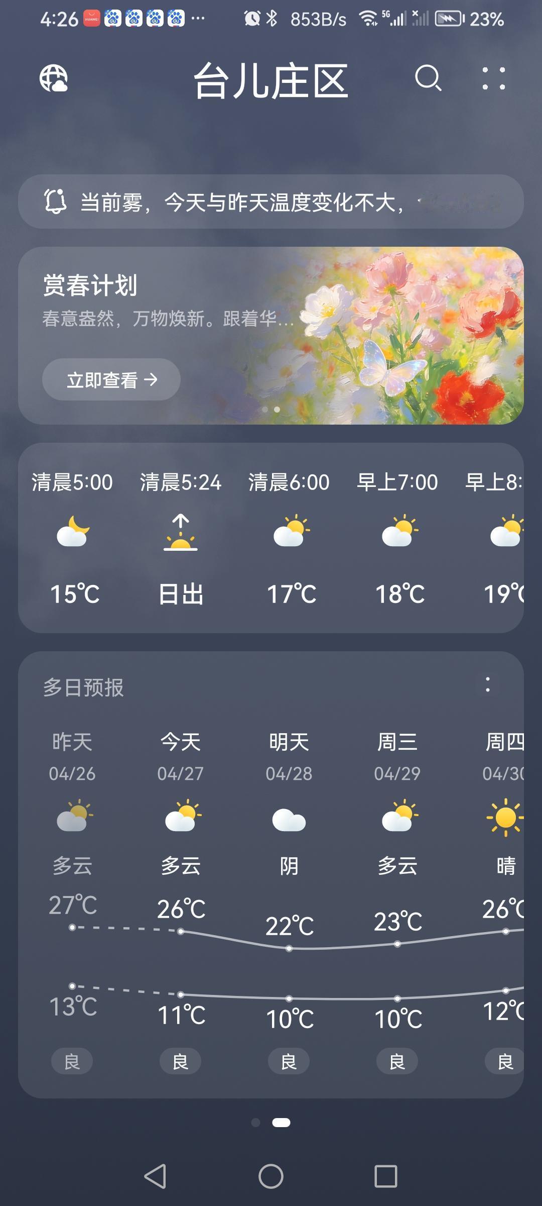 三月初十一的天气预报“多云”。气温11—26度