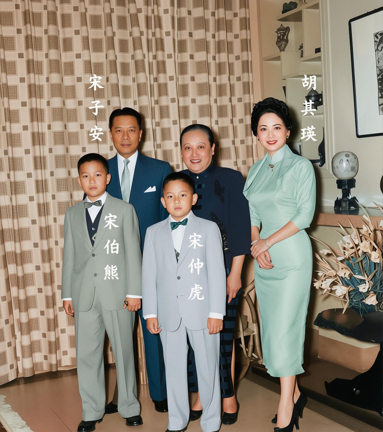 50年代，宋子安的一张家庭照，妻子胡其瑛高贵典雅，两个儿子帅气十足，惊艳了时光