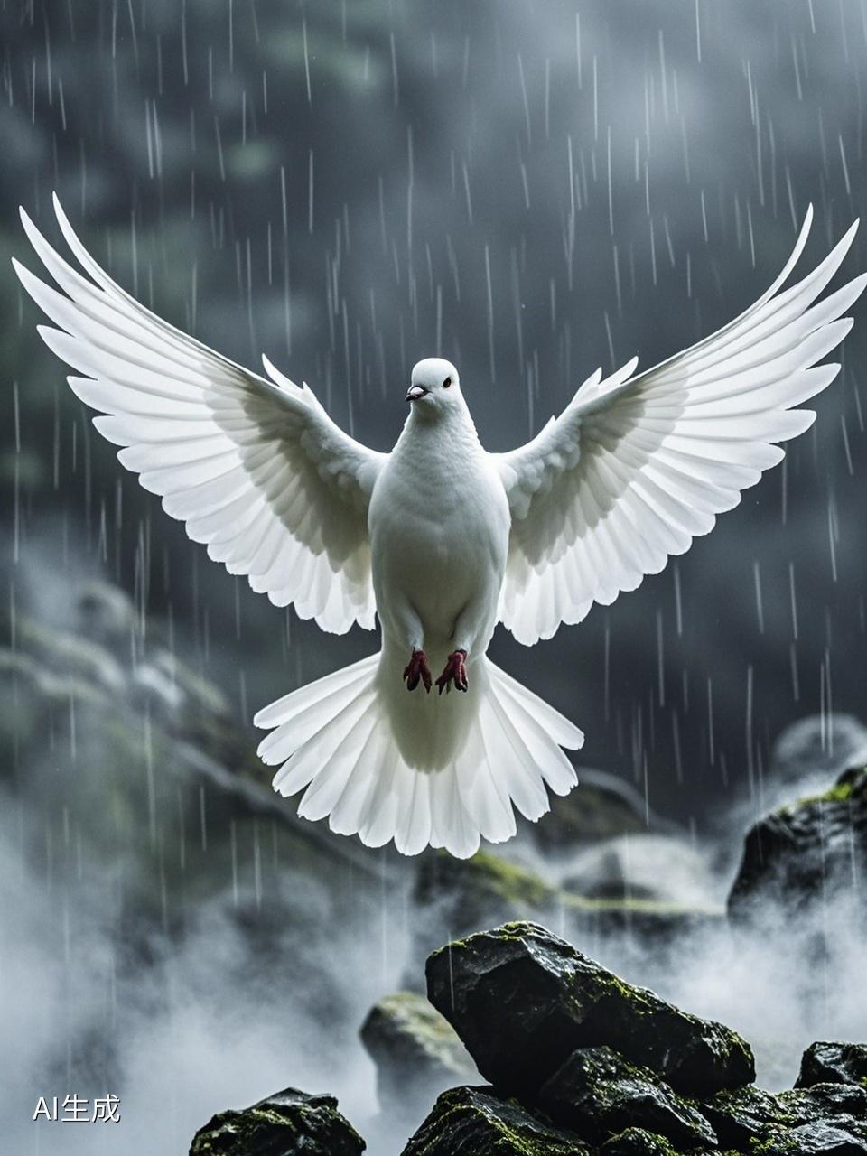 经君神思妙笔千般绘，烟雨朦胧中，天堂仙境人间梦境浑然成一体，和平公园和平鸽，飞向