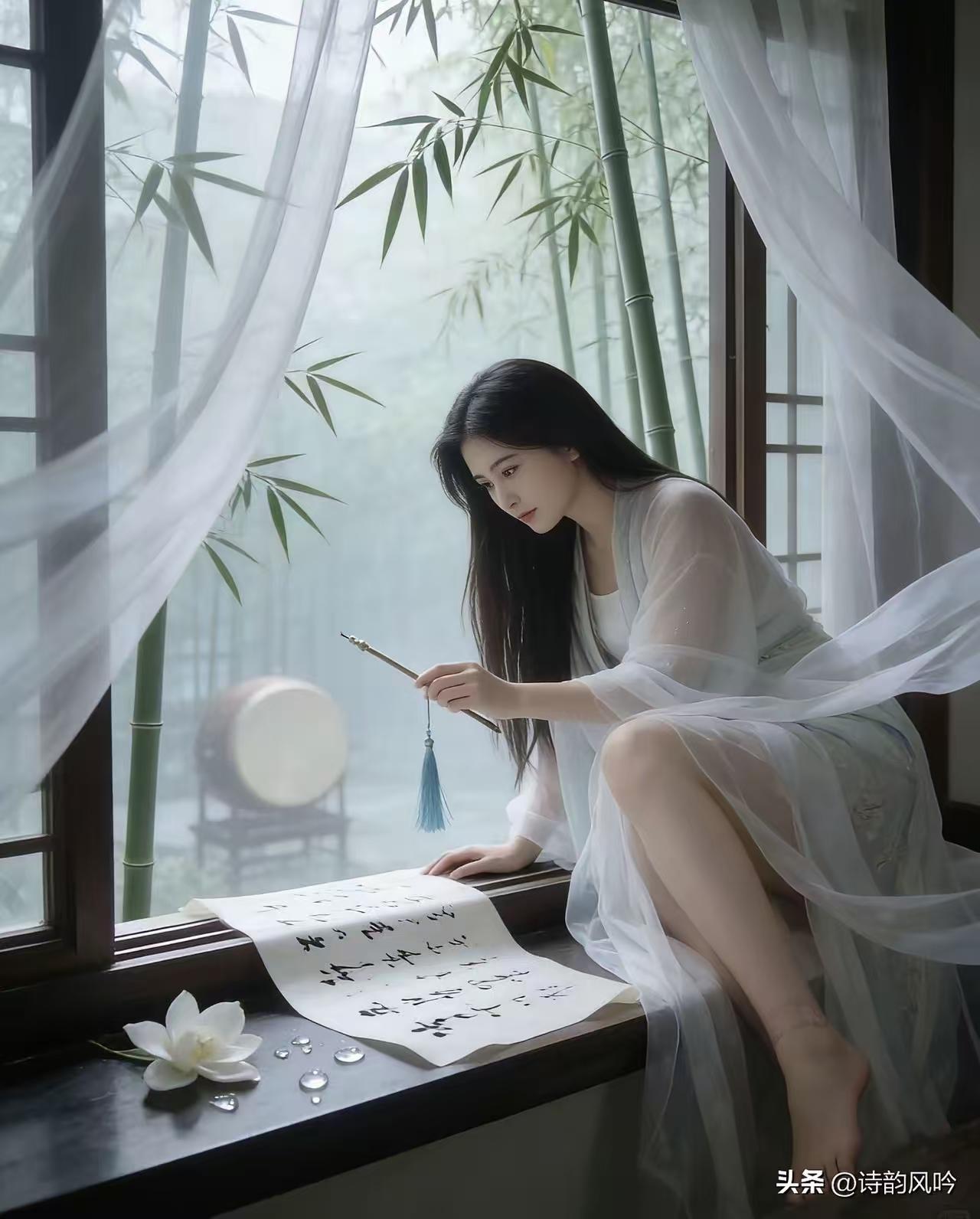 天净沙·倩影
薄纱笼影朦胧，
芳华暗溢香浓，
淡扫眉弯自媚。
芳心暗送，
盼君一