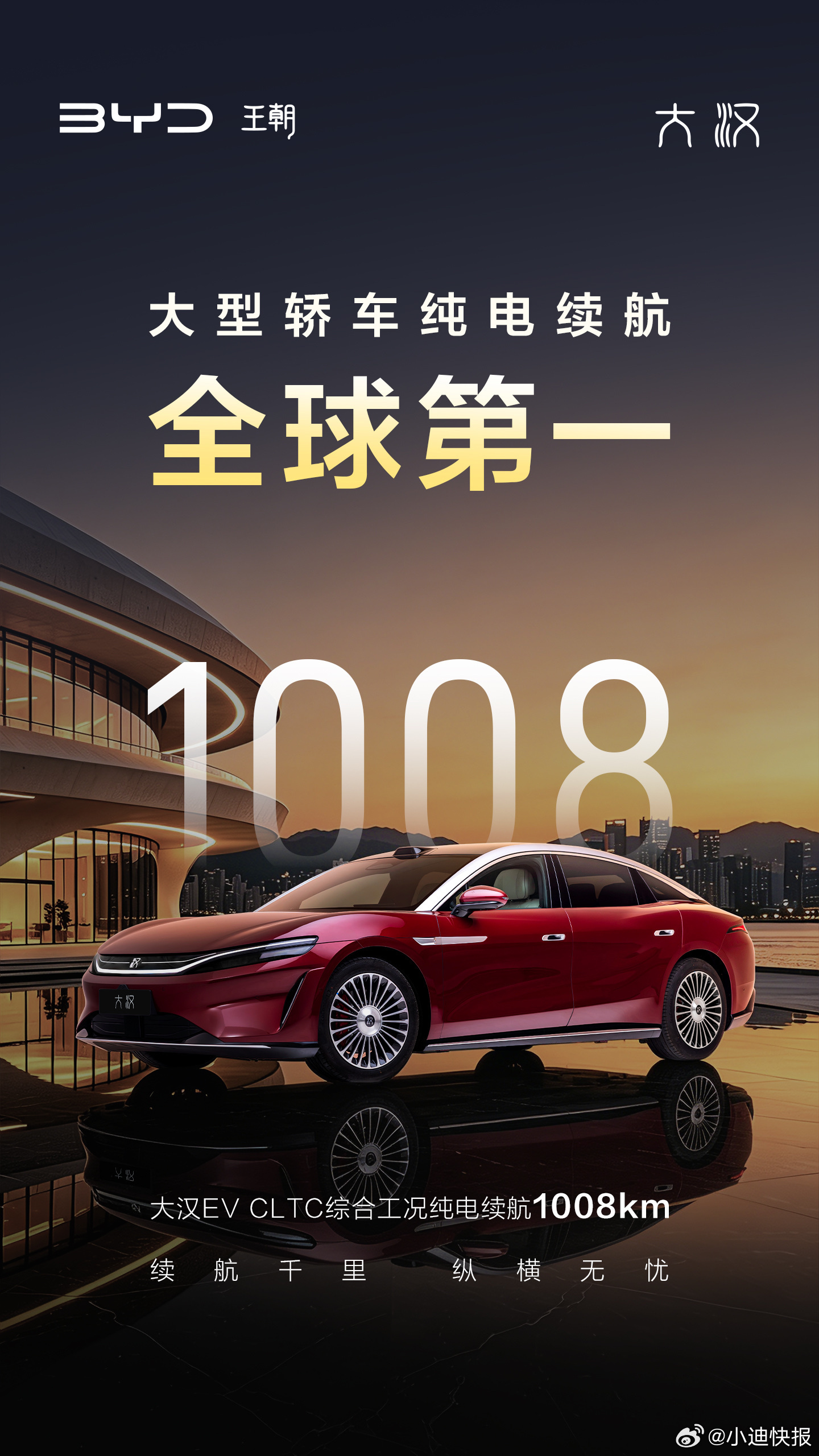 比亚迪大汉，纯电续航1008km！大型轿车纯电续航全球第一。 
