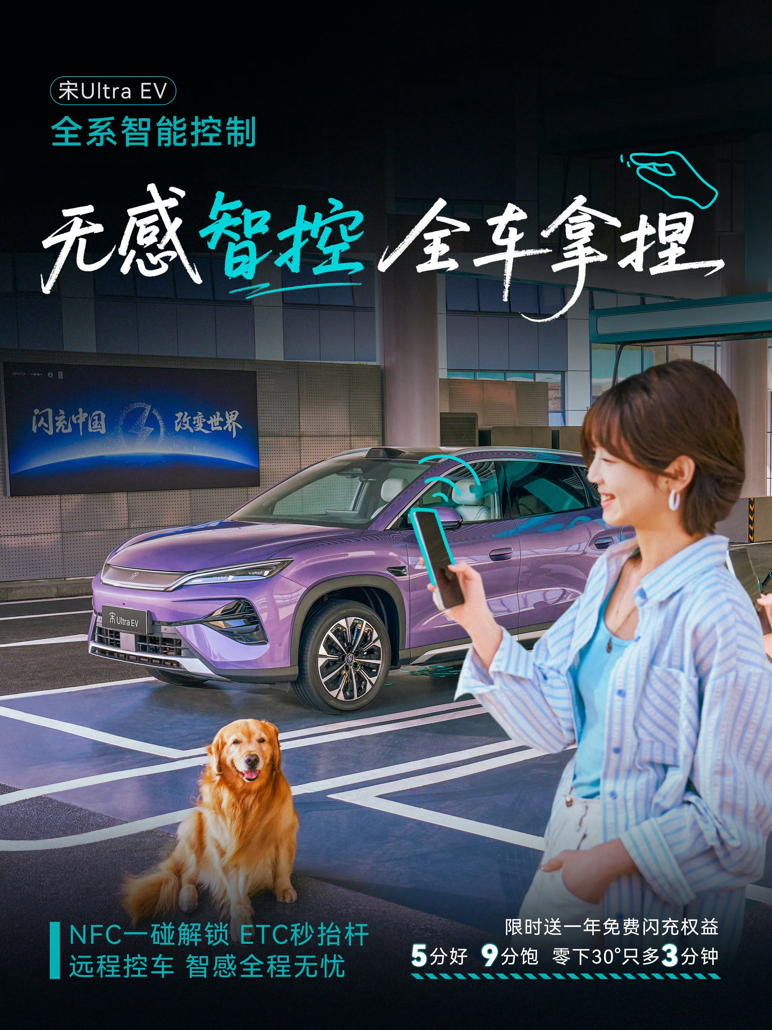 宋Ultra EV 全系智能控制，定义便捷出行。远程控车，开关车门、提前备车调温