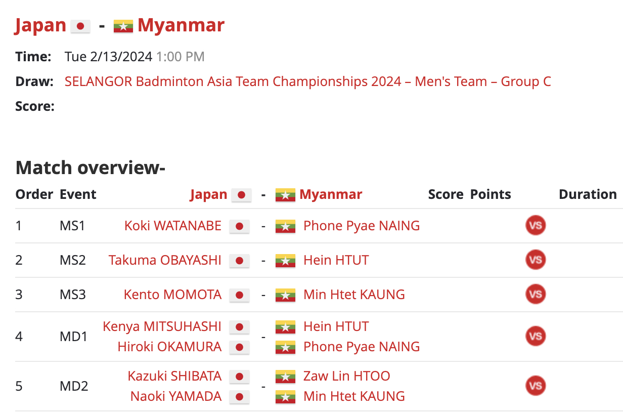 【男团小组赛：日本🇯🇵vs🇲🇲缅甸】1、渡边航贵🇯🇵2、大林拓真🇯