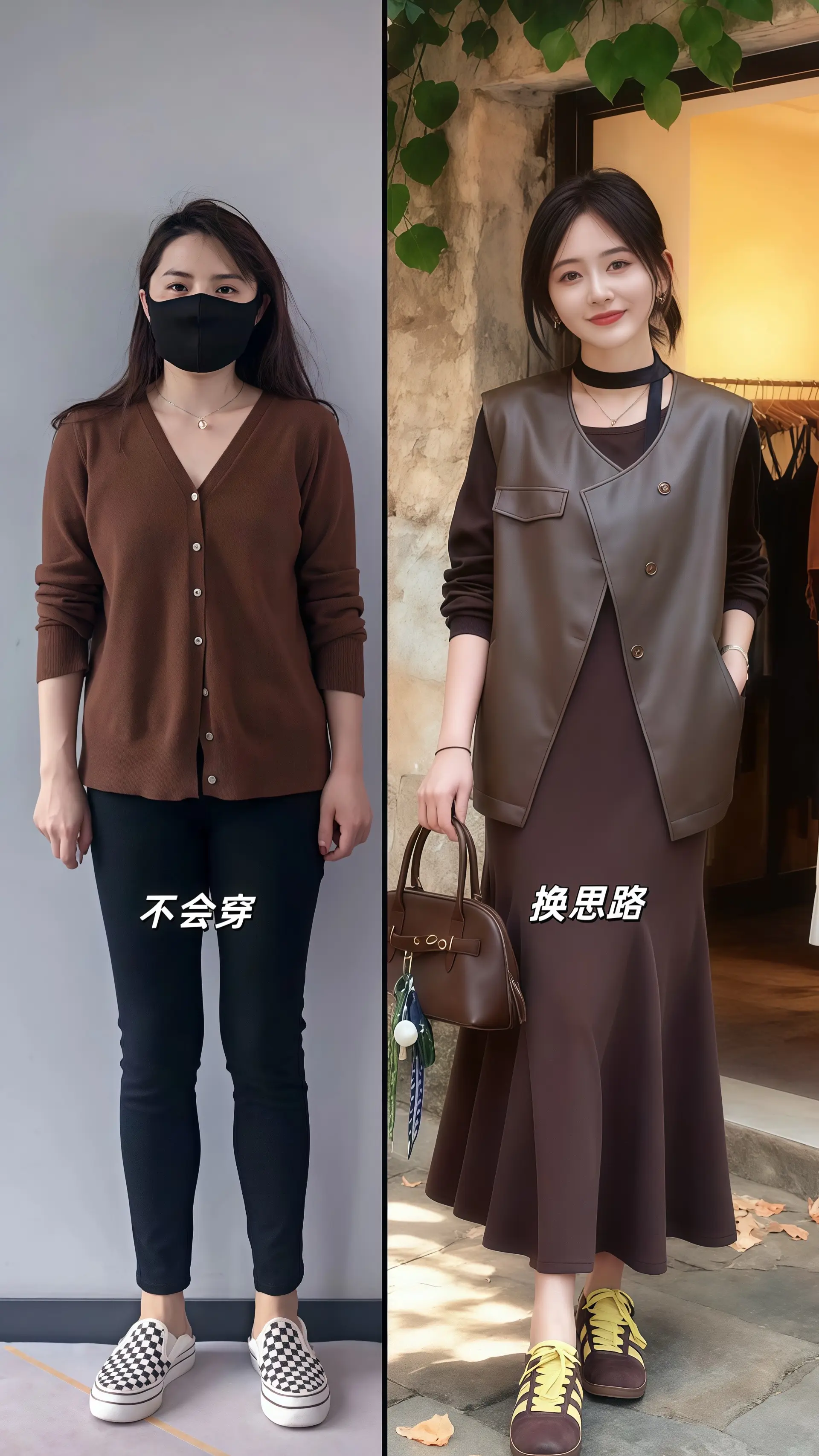 晓薇穿着气质两件套站在复古石头墙女装店门前，大码无袖皮马甲利落剪裁勾勒...