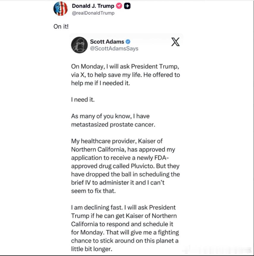 【黄金时代】令人振奋的消息！川普总统已出手相助，帮助斯科特·亚当斯尽快接受治疗，