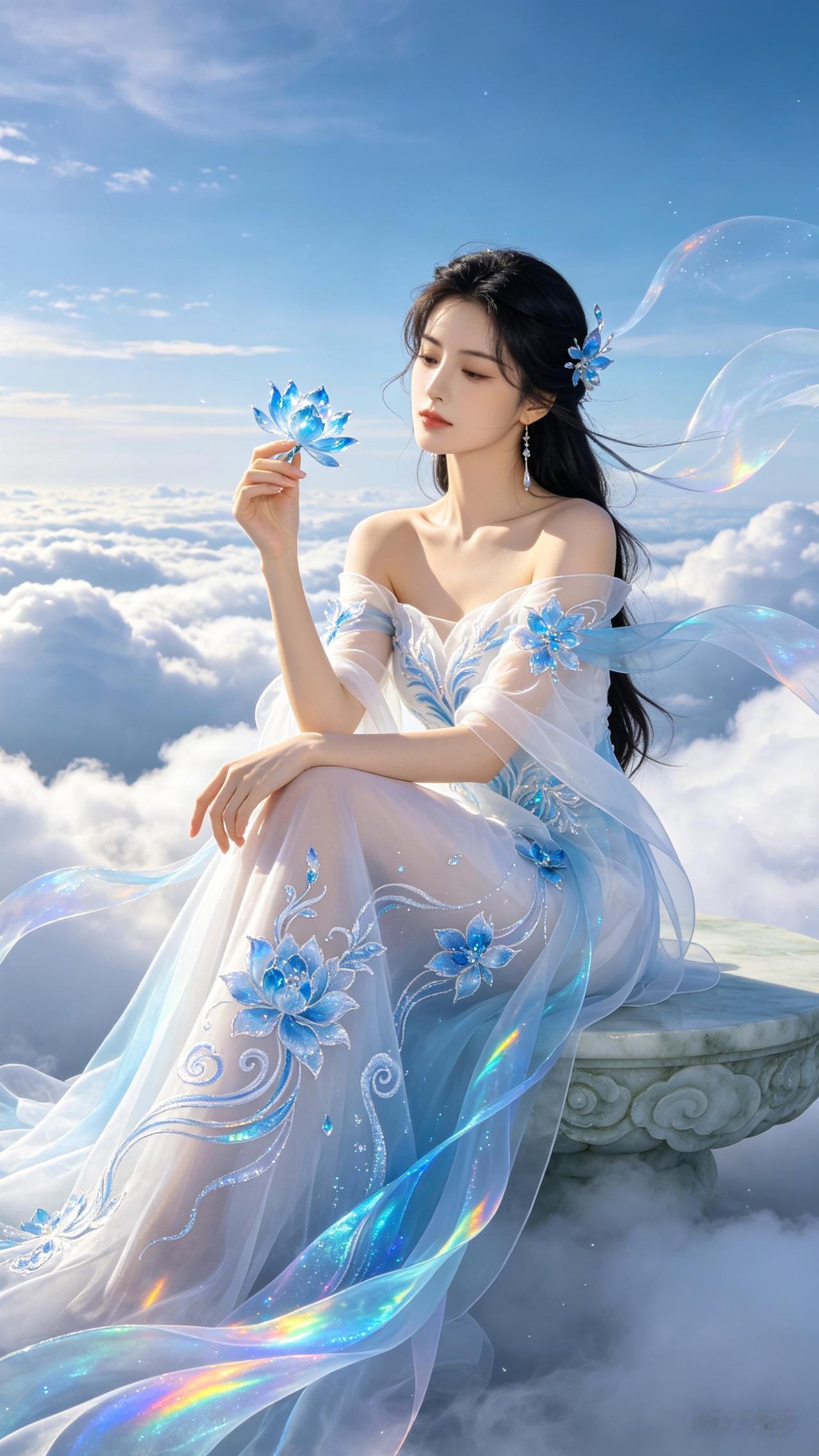 真人写实古风仙女人像，月白渐变露肩纱裙绣流云冰晶纹样，坐玉石台拈冰蓝仙花，水晶神