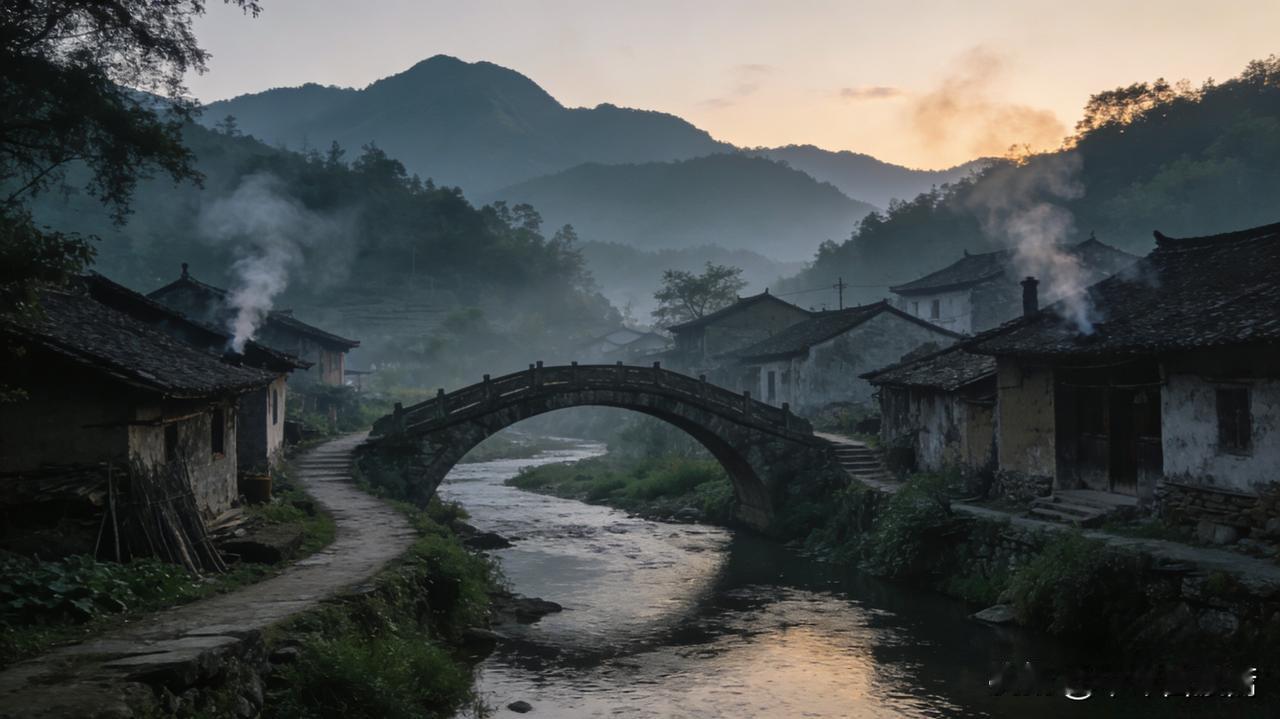 故乡的暮霭：一桥炊烟，醉了多少归人
 
上联：溪桥曲曲连幽舍
下联：暮霭悠悠绕故